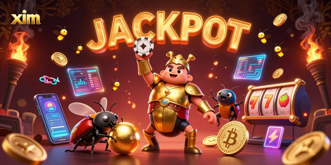 XIM gamers celebrating a jackpot win with a triumphant beetle character in a vibrant casino setting.