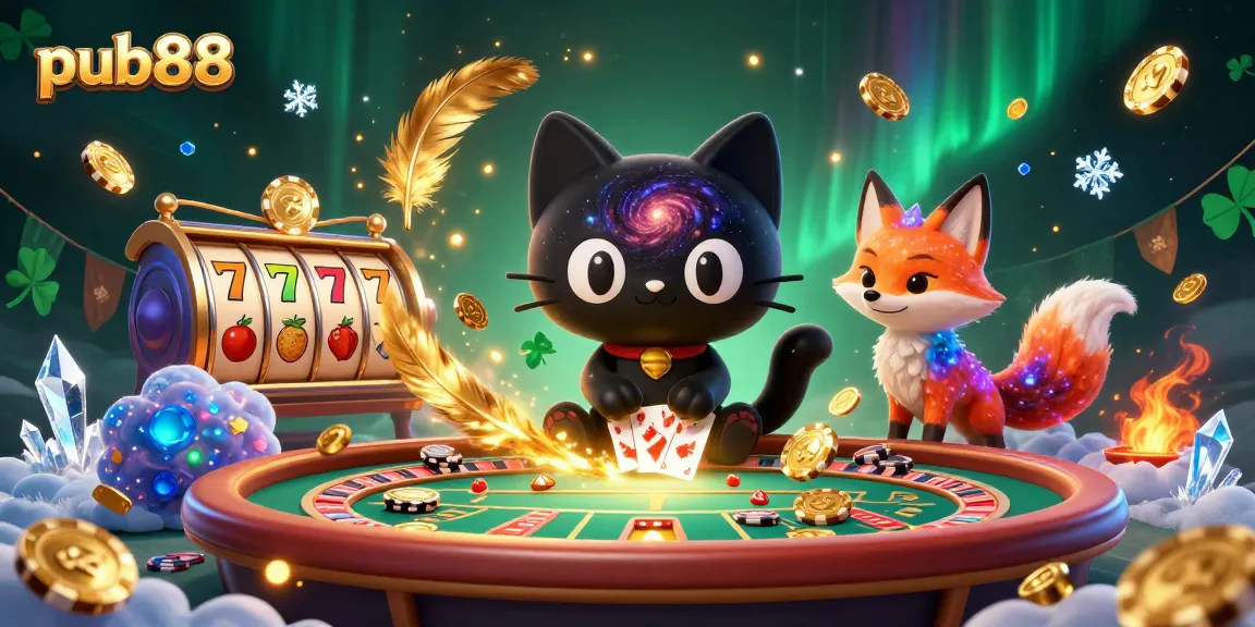 Join the fun at pub88 with dynamic gambling elements and cosmic characters showcasing an exciting casino scene.