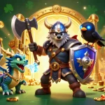Experience thrilling gaming action with Sunwin, showcasing the Viking wolf warrior, dragon, and vibrant casino elements.