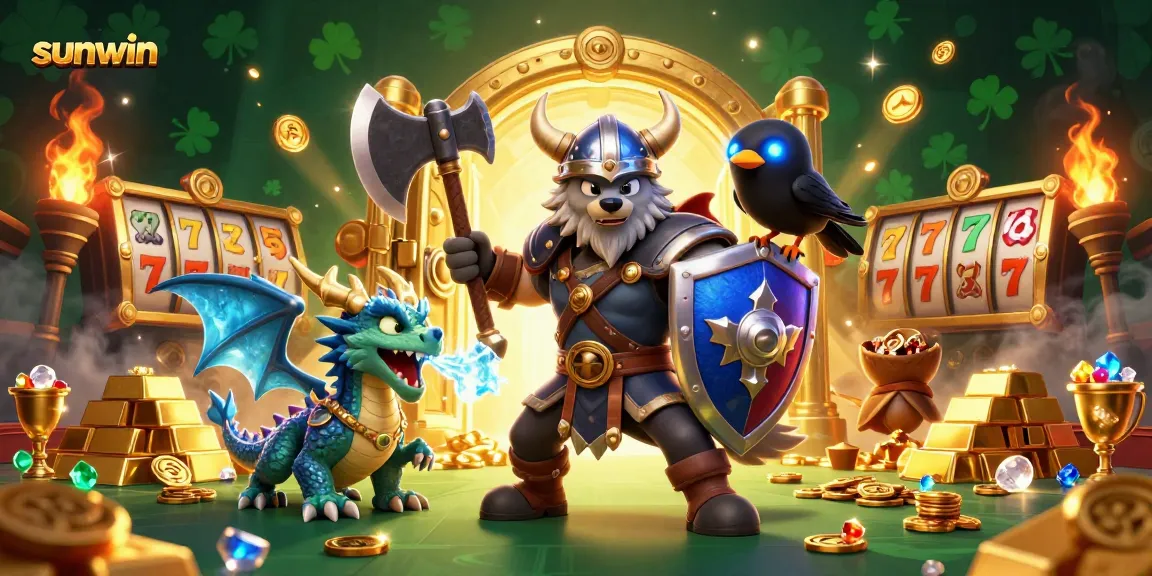 Experience thrilling gaming action with Sunwin, showcasing the Viking wolf warrior, dragon, and vibrant casino elements.