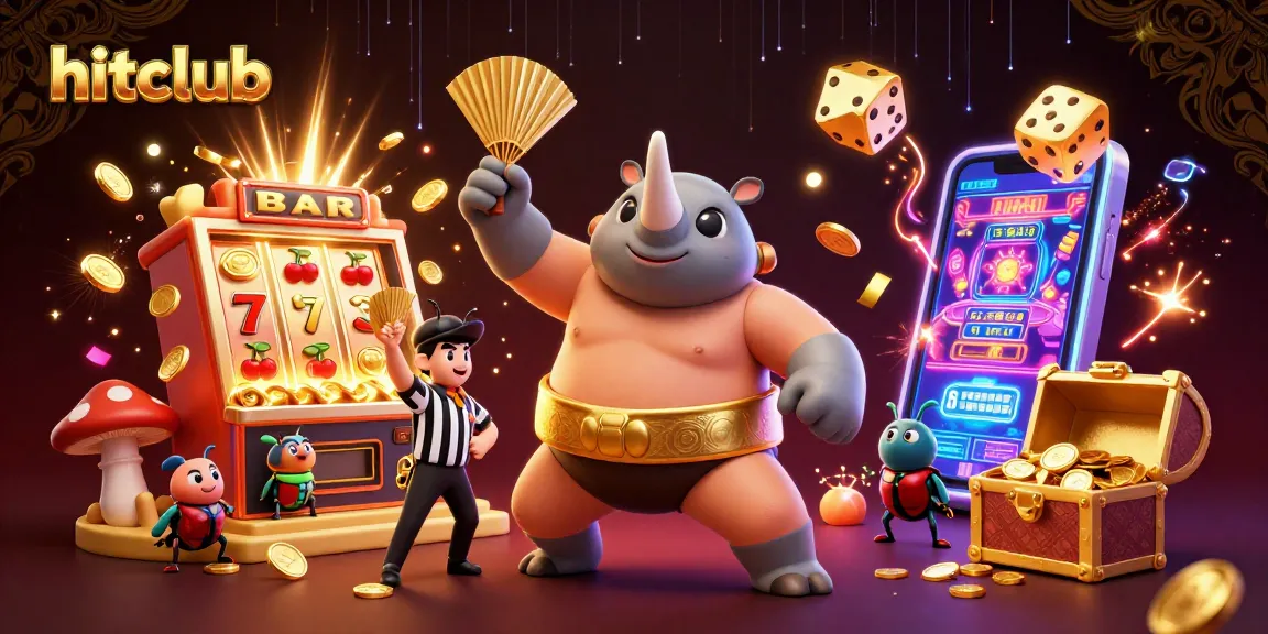 hitclub cartoon illustration with whimsical beetles and vibrant casino elements
