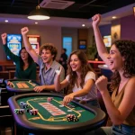 Exciting scene at https://pavilions.org.uk showcasing friends celebrating wins at a modern credit card casino.