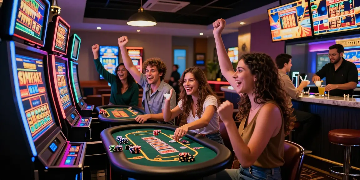 Exciting scene at https://pavilions.org.uk showcasing friends celebrating wins at a modern credit card casino.
