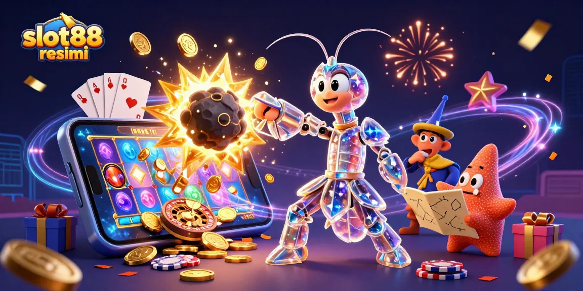 Spin to win exciting rewards with slot88 resmi as you enjoy a dynamic casino scene filled with gold coins and vibrant character action.
