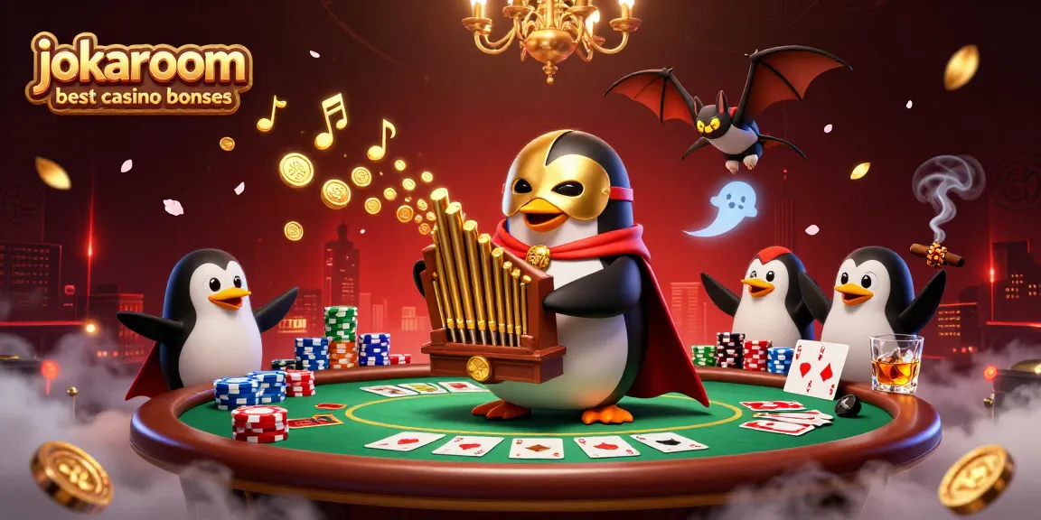Experience jokaroom best casino bonuses with a whimsical 3D penguin character playing for gold.