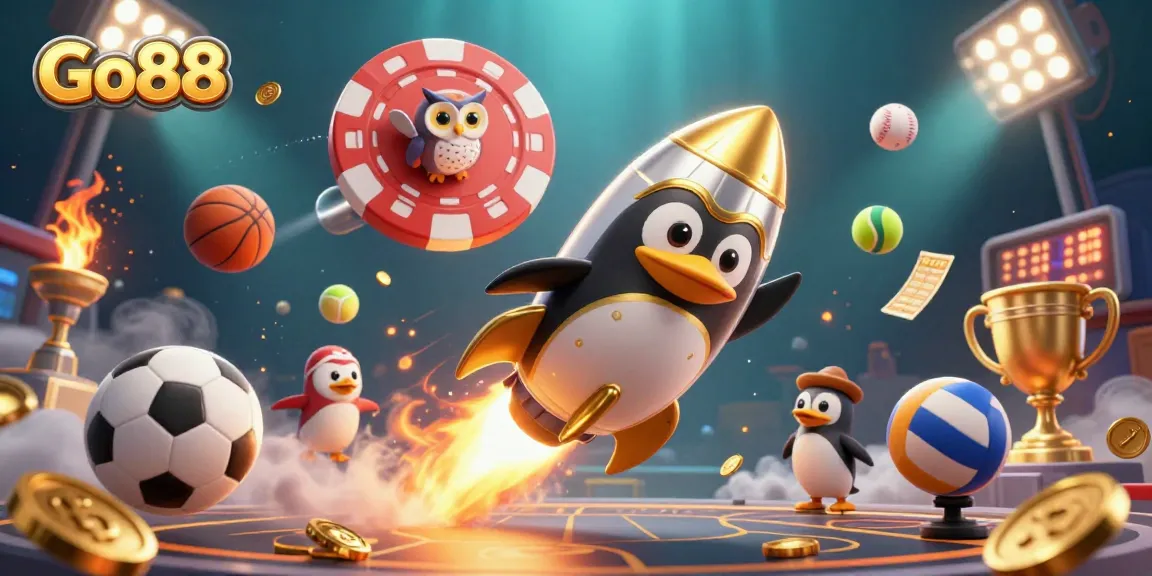 Engage with Go88, the vibrant casino universe with a golden penguin and thrilling gaming elements.