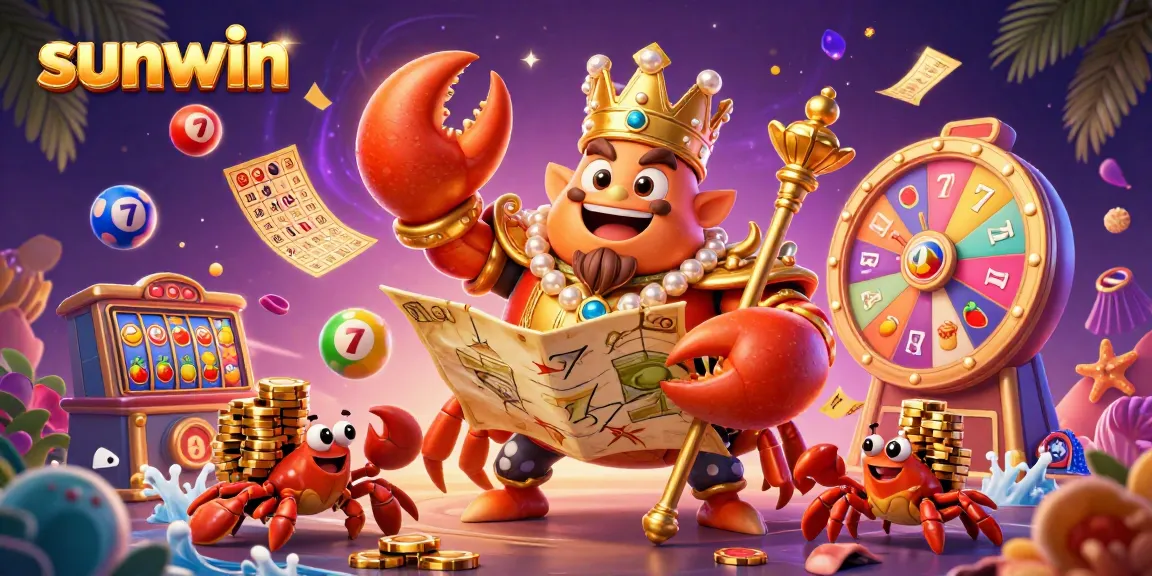 Experience winning moments at sunwin with a golden crab emperor commanding treasures in a vibrant casino scene.