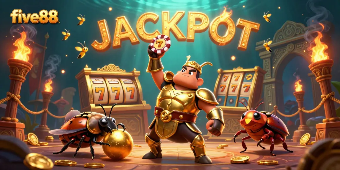 Win jackpots with five88's exciting 3D casino illustration featuring vibrant characters and vivid gaming elements.