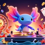 Engage with 8k bet in a vibrant casino scene featuring an axolotl DJ and sparkling game elements.