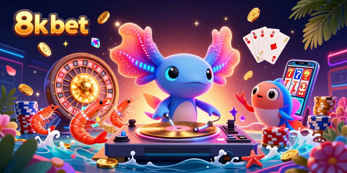 Engage with 8k bet in a vibrant casino scene featuring an axolotl DJ and sparkling game elements.
