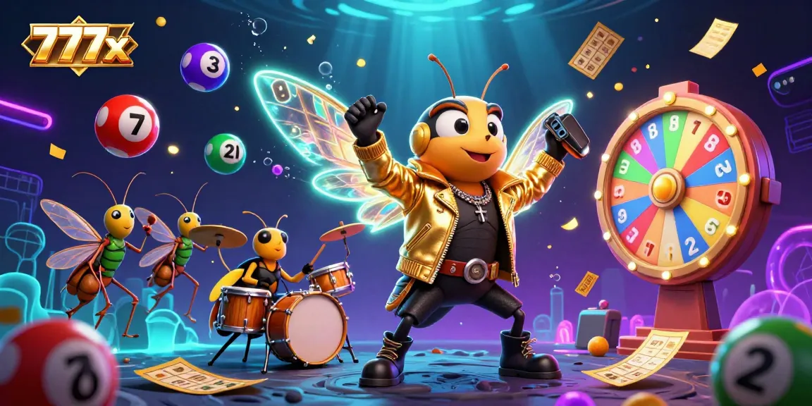 Experience the thrill of gaming with 777x's vibrant scene showcasing a rock star cicada and lively game elements.