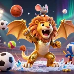 Experience thrilling bets and jackpots with kk55, featuring engaging cartoon characters in an exciting sports scene.