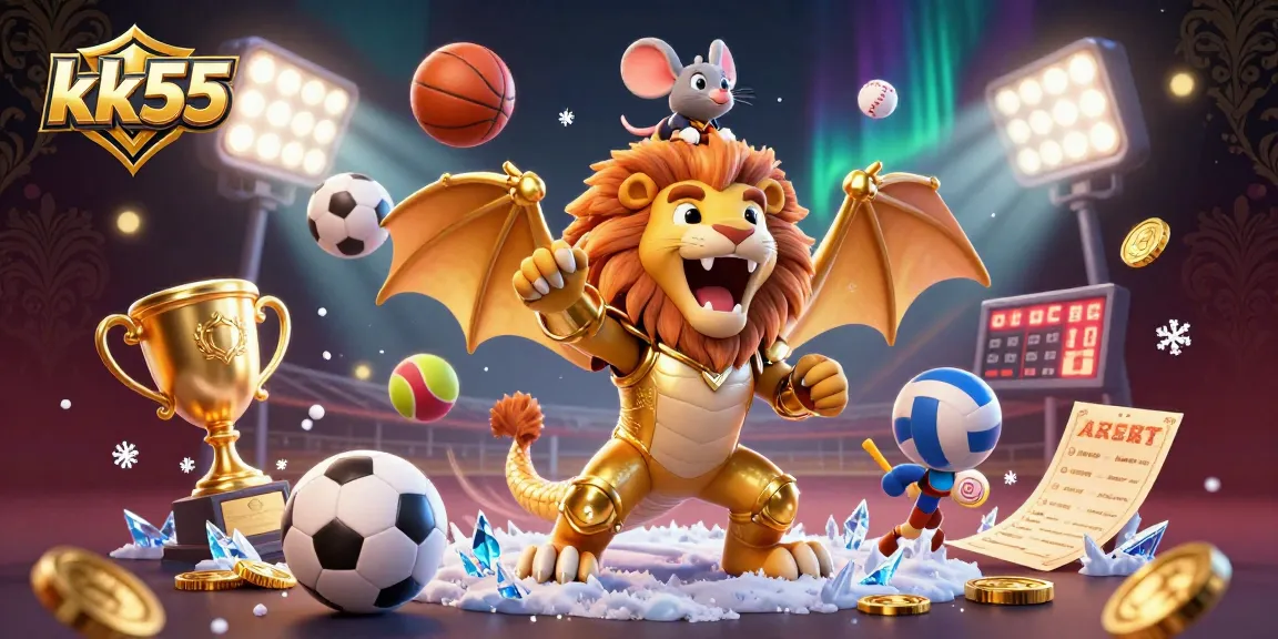 Experience thrilling bets and jackpots with kk55, featuring engaging cartoon characters in an exciting sports scene.