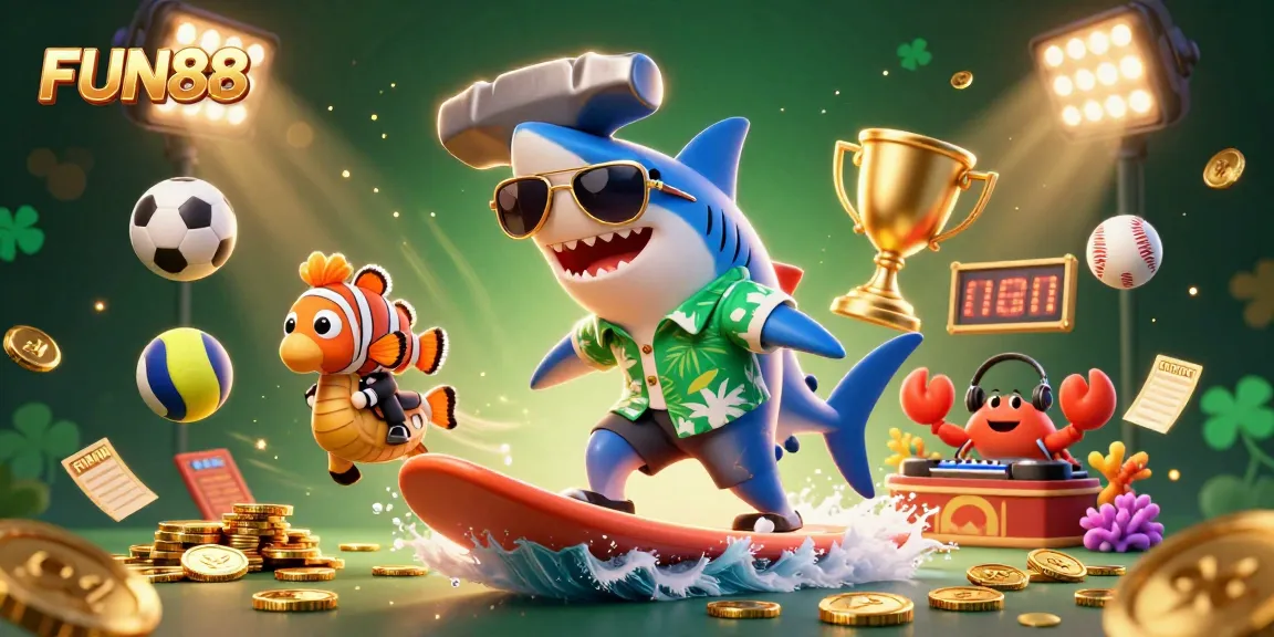 Surf thrilling experiences with FUN88 where the hammer-head shark, clownfish, and crab DJ enhance your gaming journey.