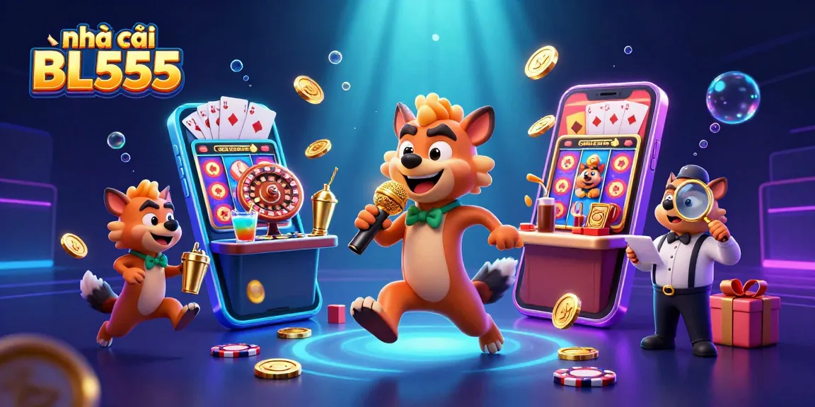 Engage with nhà cái BL555, featuring an energetic casino scene with hyenas, games, and vibrant elements.