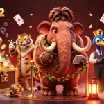 Bettors enjoying a vibrant casino atmosphere at b52club52, including a woolly mammoth bouncer checking IDs amidst treasure and gaming excitement.