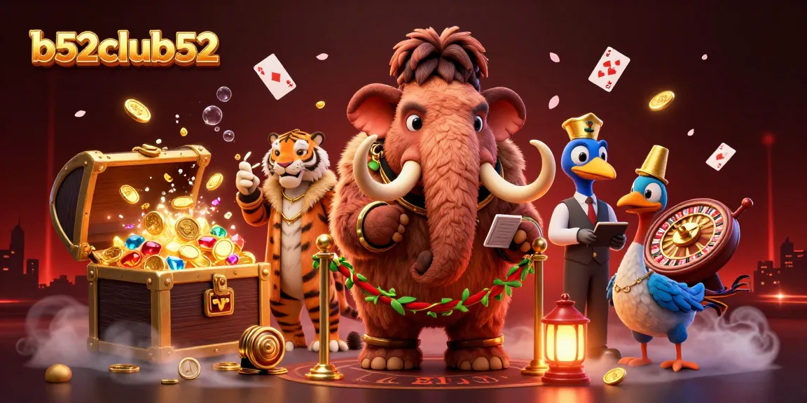 Bettors enjoying a vibrant casino atmosphere at b52club52, including a woolly mammoth bouncer checking IDs amidst treasure and gaming excitement.