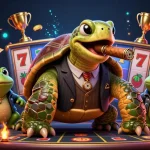 Spin to win with the best online pokies real money, featuring a snapping turtle and bullfrog enforcers amidst vibrant casino elements.