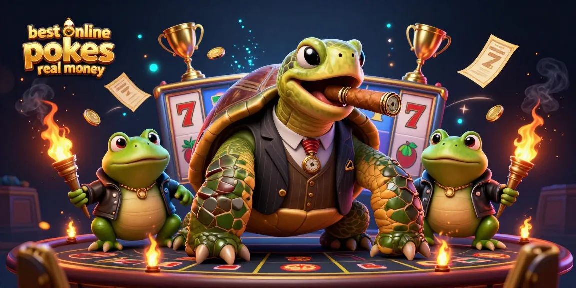 Spin to win with the best online pokies real money, featuring a snapping turtle and bullfrog enforcers amidst vibrant casino elements.