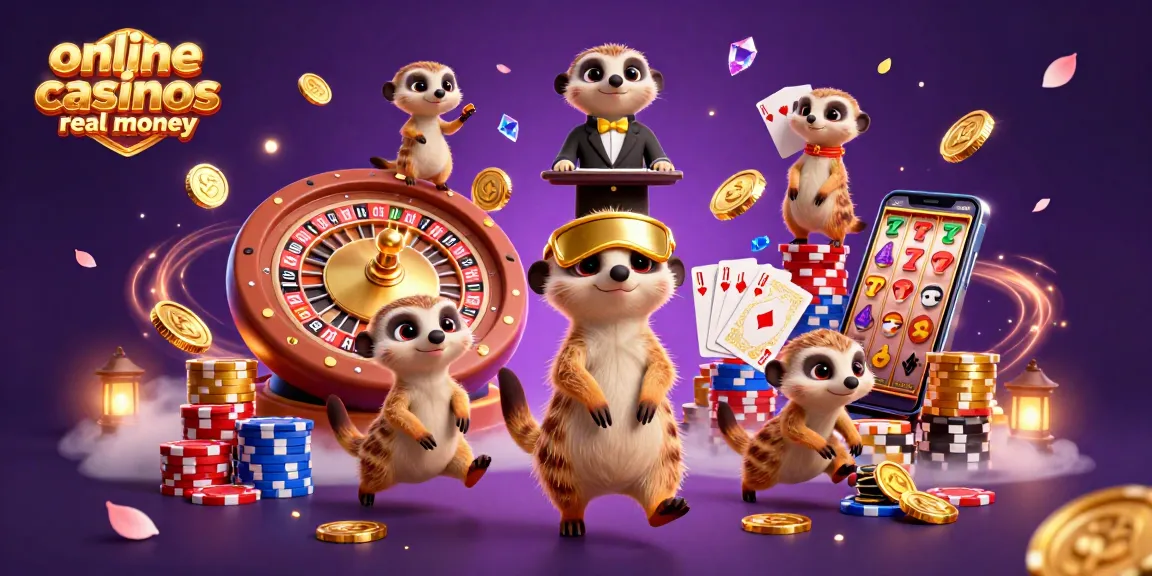 Experience online casinos real money with this vibrant illustration of meerkats running a casino, full of exciting gaming elements and energy.